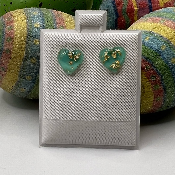 Jewelry - Blue Resin Heart Earrings with Gold Flecks NEW
